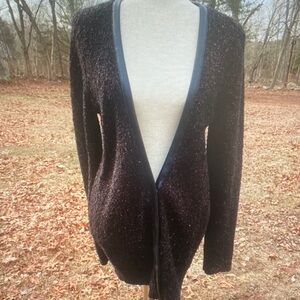 hinge Black Open V-Neck Cardigan with Leather Trim